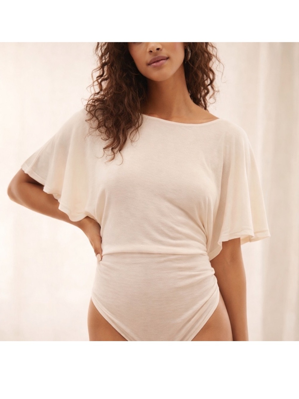 Free People Cream Ribbed Bodysuit with Flutter Sleeves
